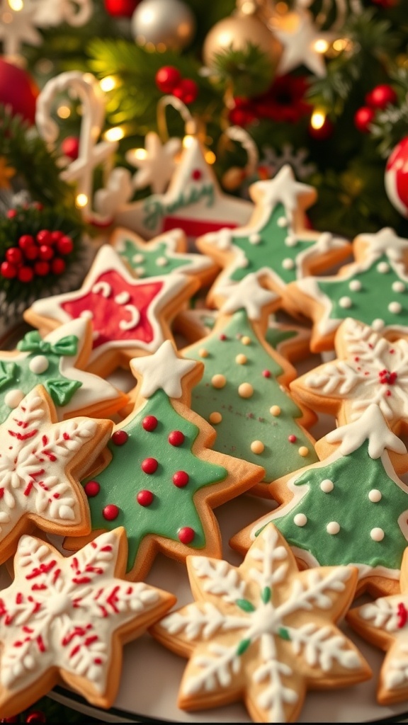 Decorated Christmas sugar cookies in festive shapes with colorful icing and sprinkles on a holiday-themed table.
